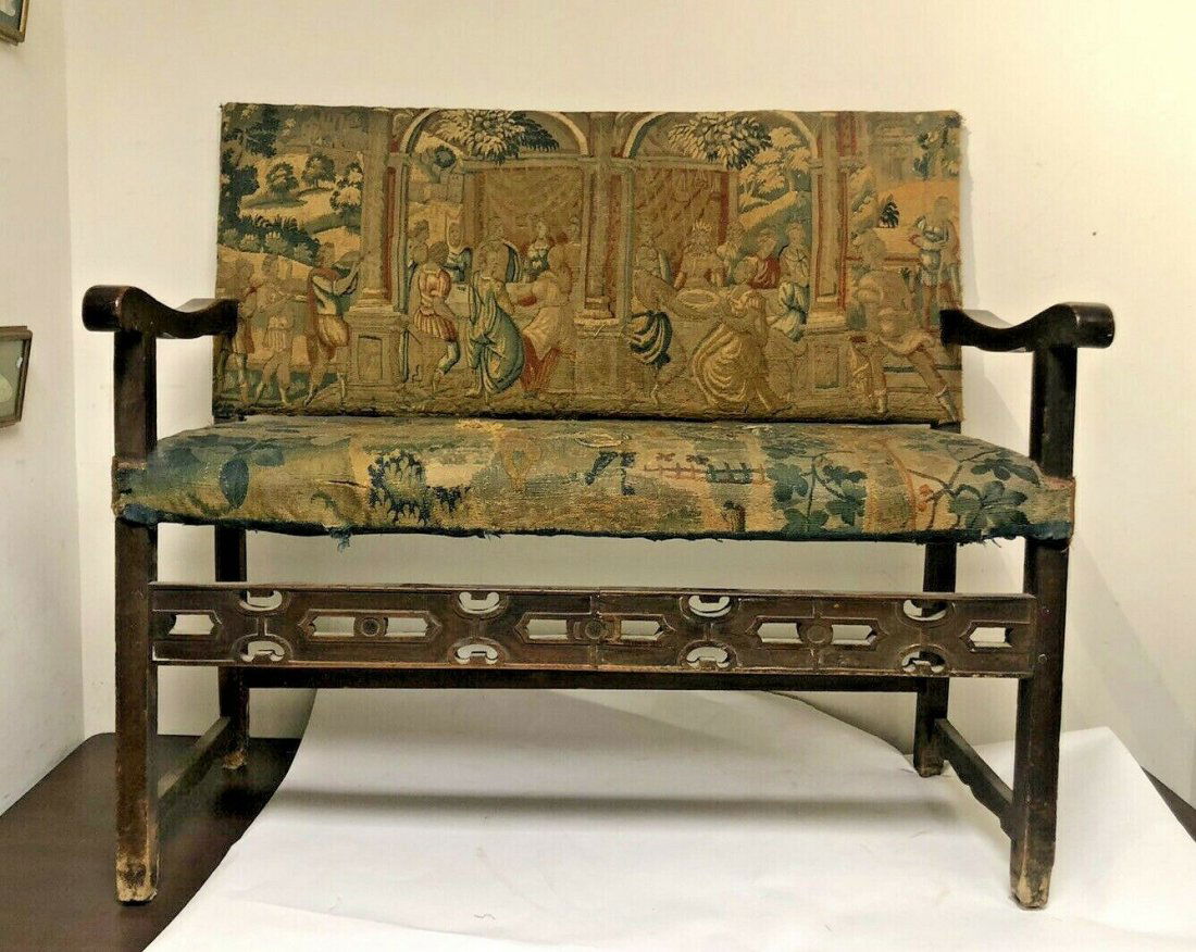 17th Century Spanish Wood Bench With Tapestry (1 of 6)