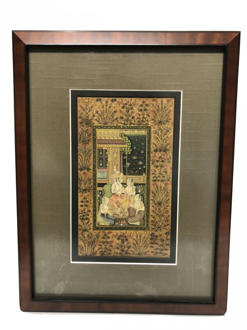 Indian Miniature Painting.: Indian Miniature Painting. Size of frame 17 x 13 inches. Fine miniature painting depicting a scene of a Prince with attendants in a Palace. mounted in a custom frame. From a New York Estate.