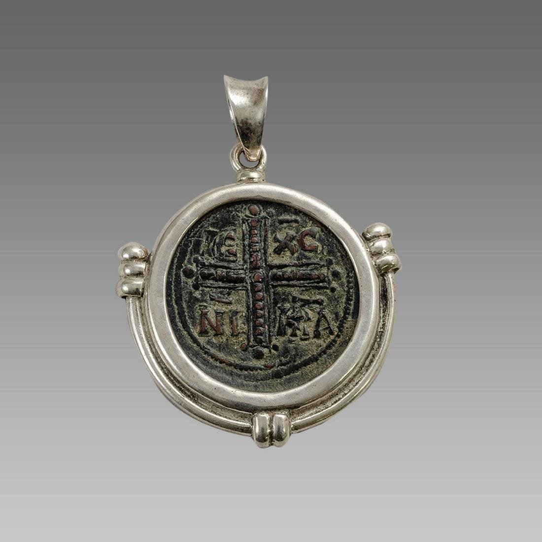 Ancient Byzantine Bronze coin set in Silver Pendant (1 of 2)