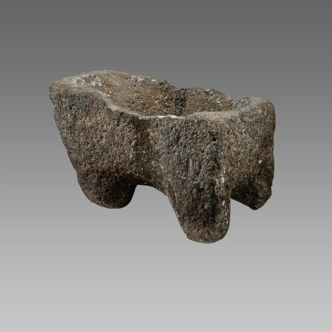 Roman Basalt Stone Mortar c.2nd-4th century AD.: Roman Basalt Stone Mortar c.2nd-4th century AD. Size 10 inches length. 6 inches high. Ex NYC Collection acquired in the London Market prior to 2000