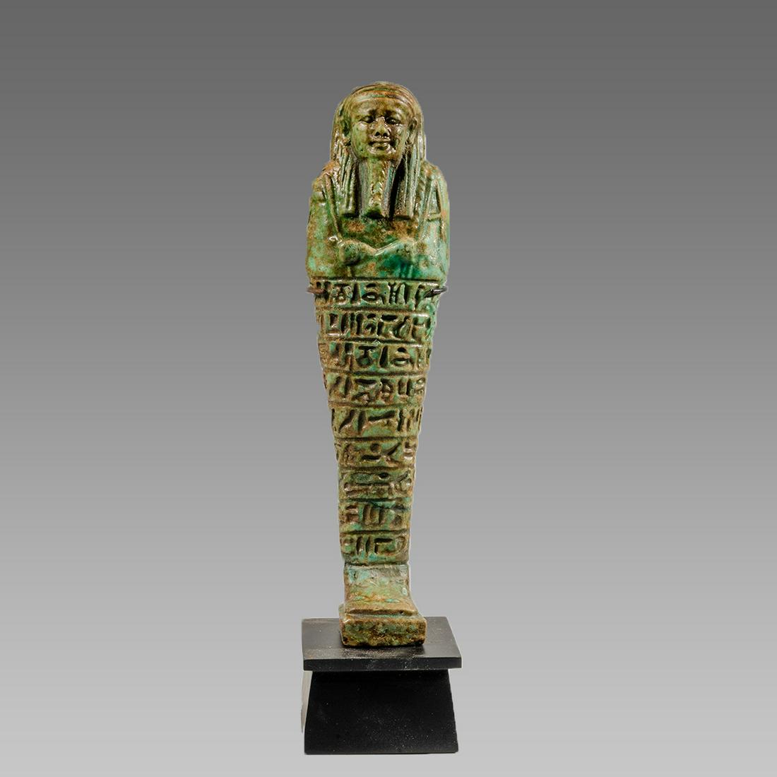 Ancient Egyptian Large Green Faience Ushabti Late: Ancient Egyptian Large Green Faience Ushabti Late period c.664-332 BC. Size 7 3/8 inches high. + mount. Late Period, 26th Dynasty, ca. 664 to 332 BCE. Large green faience ushabti, mummiform figure sta