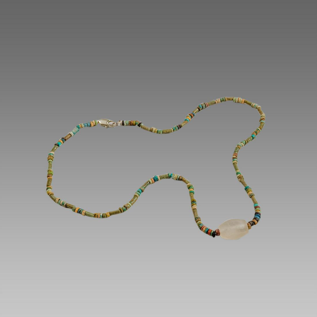 Ancient Egyptian Faience Beads Necklace with Crystal: Ancient Egyptian Faience Beads Necklace with Crystal Bead c.300-50 BC. Size 18 inches length. Great Looking single strand Faience Beads necklace late period 300-50 BC, with Roman period crystal bead. 