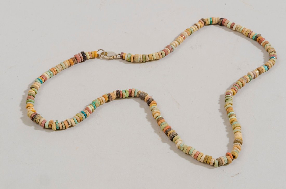Ancient Egyptian Faience Beads Necklace c.300-50 BC.: Ancient Egyptian Faience Beads Necklace c.300-50 BC. Size 18 3/4 inches length. Great Looking single strand Faience Beads necklace late period 300-50 BC. Provenance: Ex Secret Eyes Gallery New York 19