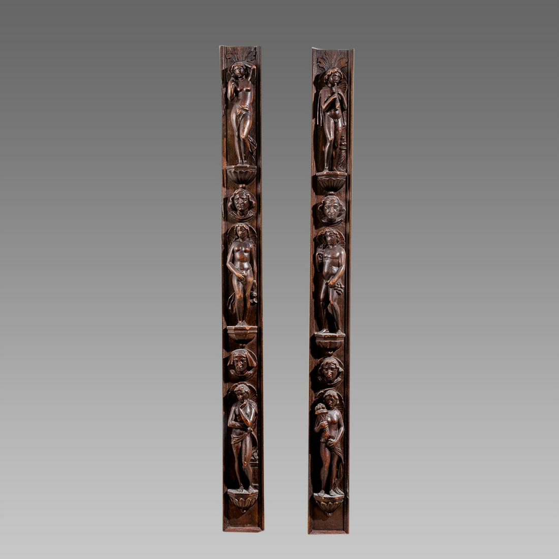 A pair of renaissance style wood panels.: A pair of renaissance style wood panels. Size 40 3/4 inches length, 3 1/2 inches wide. Fine carved wood panels with raised figures.