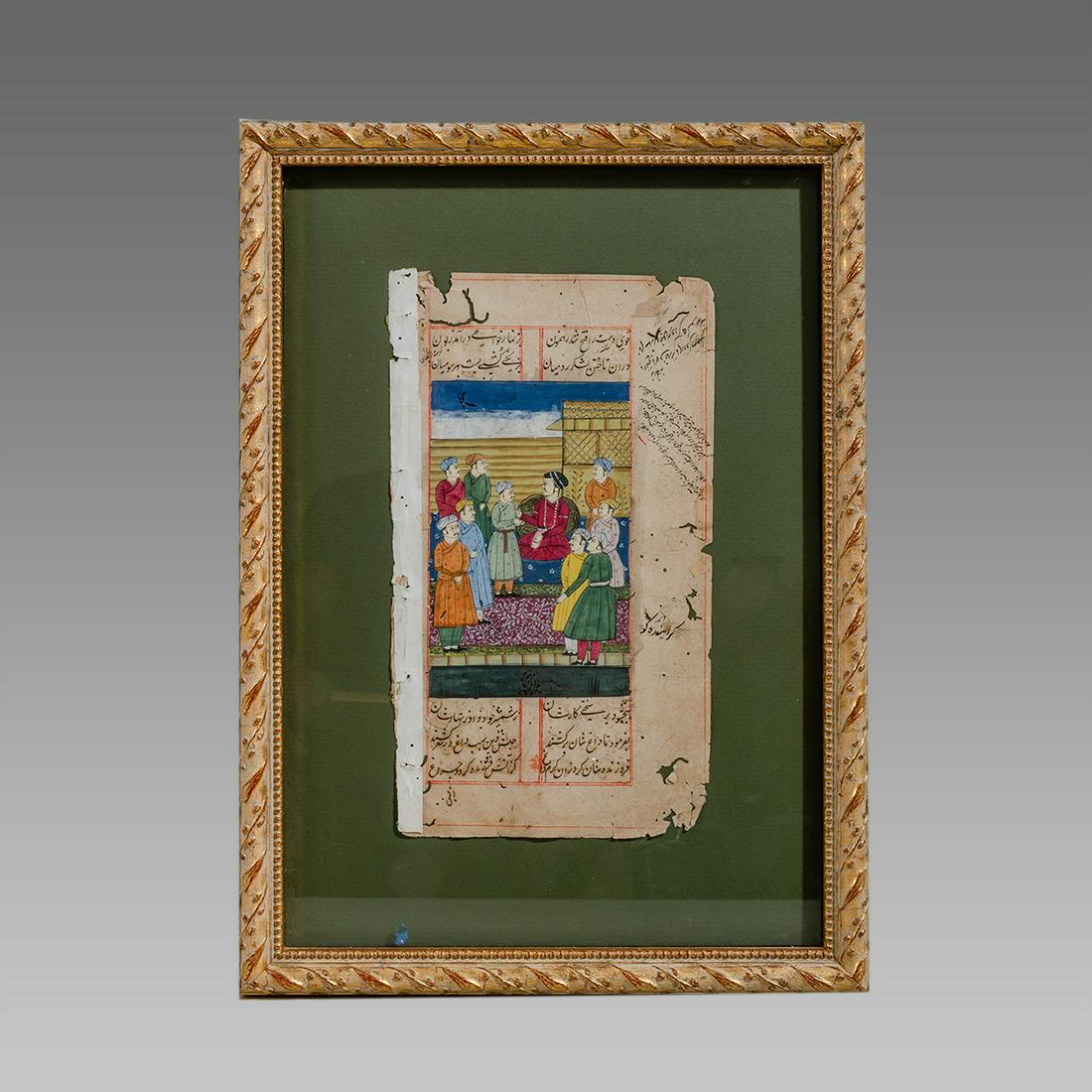 Indian Miniature Painting.: Indian Miniature Painting. SIze of the Frame 15 x 10 3/4 inches. Fine miniature paitning depicting a Prince with attandants in palace. Persian calligraphy. wood frame.
