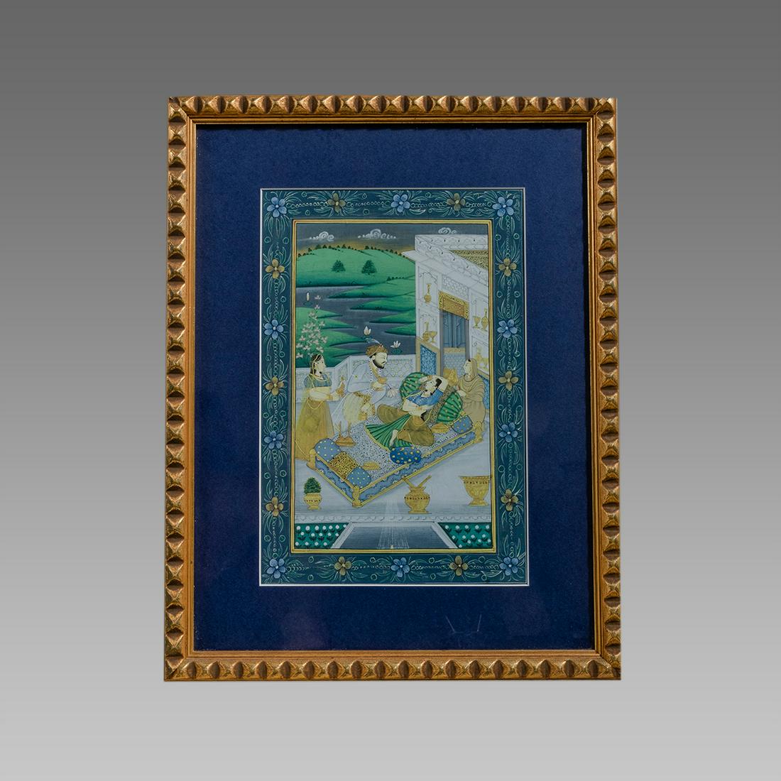 Indian Miniature Painting.: Indian Miniature Painting. SIze of the Frame 16 1/8 x 12 1/2 inches. Fine miniature paitning depicting a Prince with female attandants in palace. floral decorated border. wood frame.