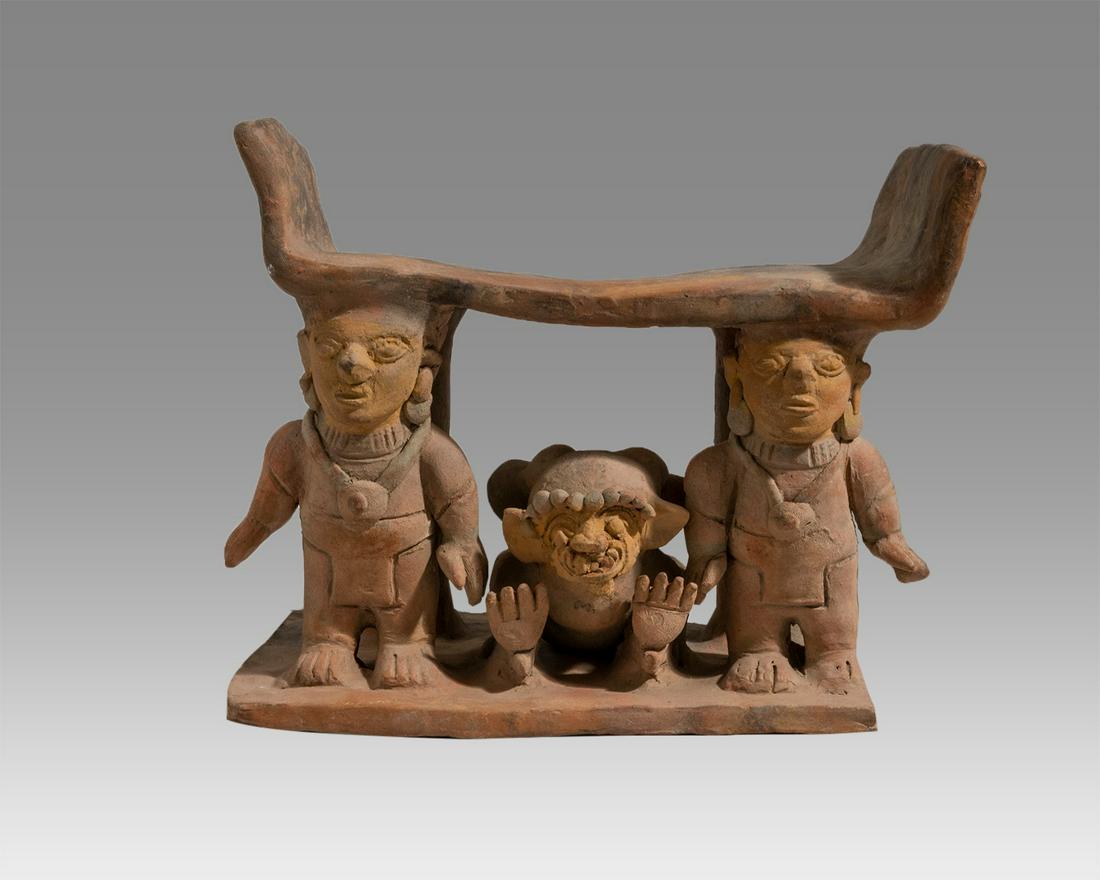 Pre Columbian Jamacoaque Pottery Figure Ecuador, Ca.: Pre Columbian Jamacoaque Pottery Figure Ecuador, Ca. 500 AD. Standing figures in an architectural setting with a jaguar in center; the animated animal with fanged teeth, large paws and extended ears. 