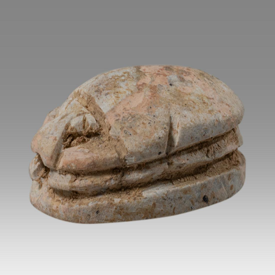 Ancient Egyptian Steatite stone Scarab c.1500-1100 BCE.: Ancient Egyptian Steatite stone Scarab c.1500-1100 BCE. Size 15 x 10 mm. Steatite scarab New Kingdom with stealized beatle back. Provenance: Ex Secret Eyes Gallery New York 1970's-1980's.