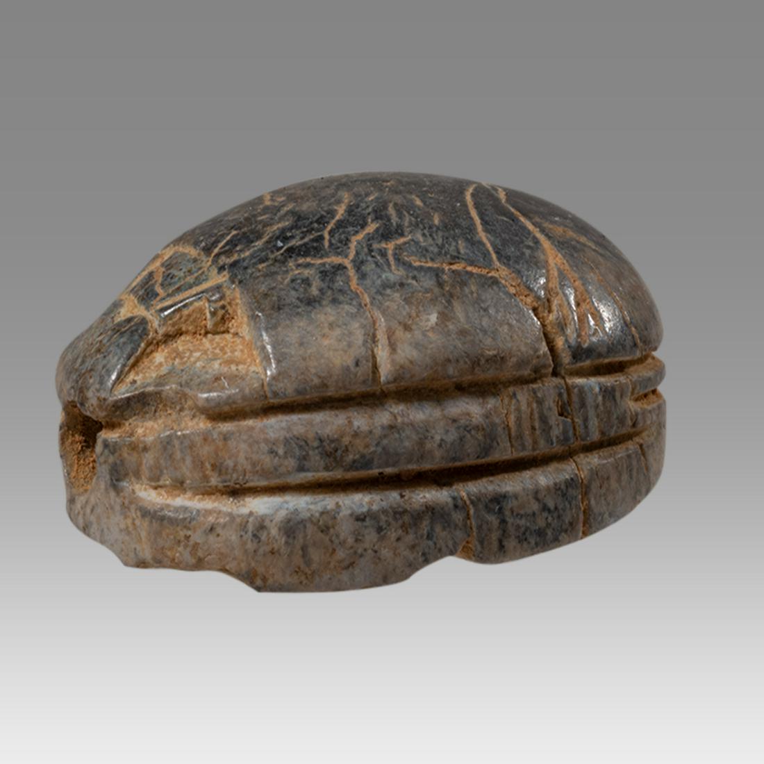 Ancient Egyptian Steatite stone Scarab c.1500-1100 BCE.: Ancient Egyptian Steatite stone Scarab c.1500-1100 BCE. Size 17 x 12 mm. Steatite scarab New Kingdom with stealized beatle back. Provenance: Ex Secret Eyes Gallery New York 1970's-1980's.