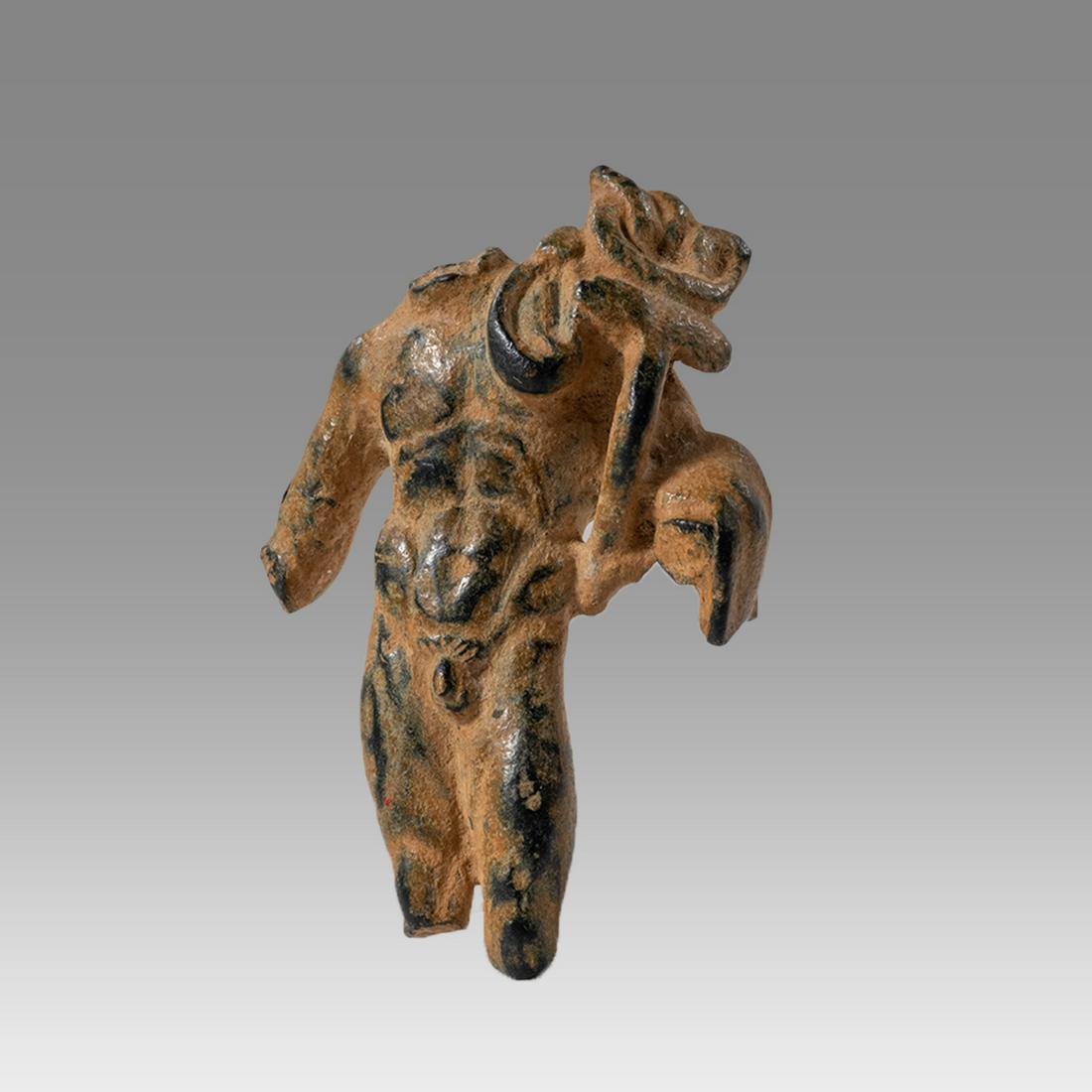 Ancient Holy Land Roman Bronze Torso c.1st cent AD.: Ancient Holy Land Roman Bronze Torso c.1st cent AD. Size 2 inches high. Fine cast bronze Torso of Hermes, carrying caduceus, his musculature impeccable.. Great quality and details, choice patina. Prov