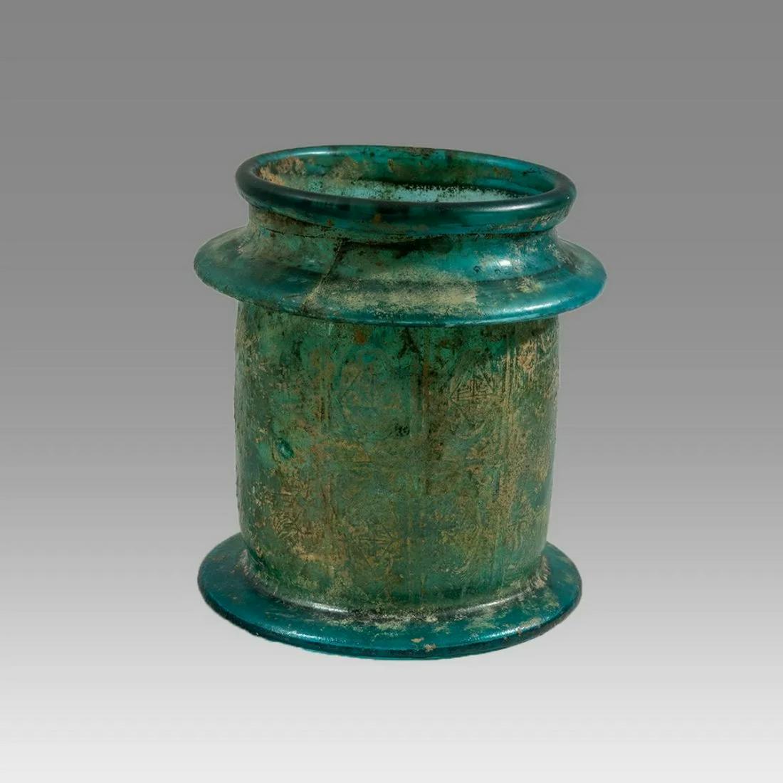 Roman Style Funerary Green Glass Jar with figure. (1 of 3)