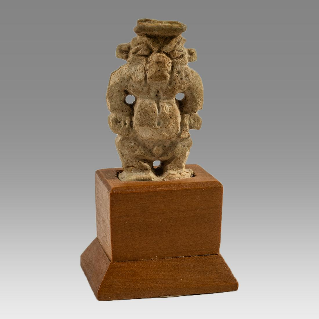 Ancient Egyptian Janiform (Double sided) Faience Amulet: Ancient Egyptian Janiform (Double sided) Faience Amulet of Bes Late Period, Ca 715 to 500 BC. Double sided pale green glaze dwarf god of childbirth depicted standing nude and with hands on hips. Condi