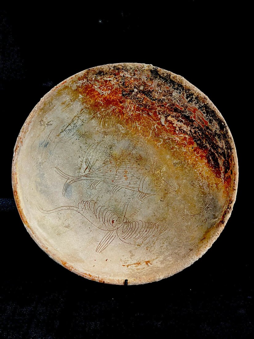 Ancient Byzantine Ceramic Bowl Sea Salvage Ca. 10th: Ancient Byzantine Ceramic Bowl Sea Salvage Ca. 10th Cent. A.D.Size: 10 1/8 inches Diameter, 3 1/2 inches high. + mount. Sea Find glazed pottery bowl standing on ring foot having flared, rounded walls.