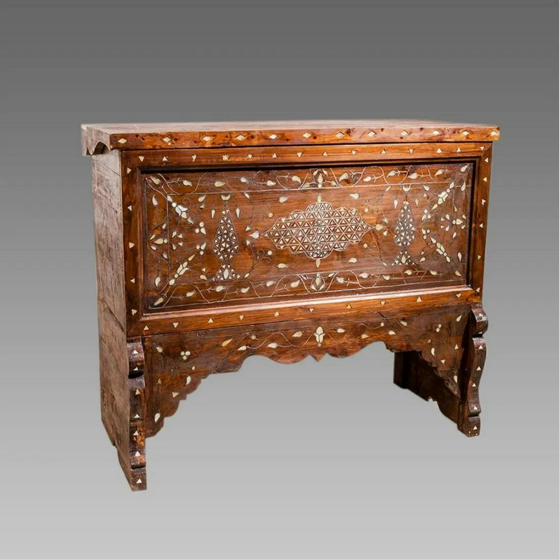 Syrian Mother Of Pearls Inlaid Wood Chest. (1 of 3)