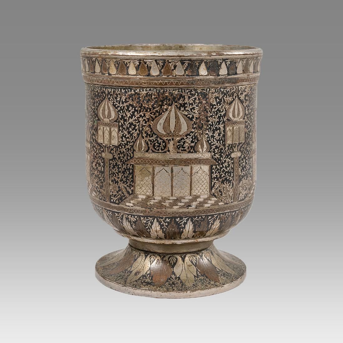 Islamic India, Copper and silver inlaid Footed Vase. (1 of 3)
