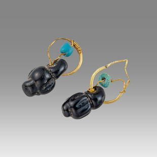 Ancient Roman Large Gold Pair of Earrings with Glass c.1st century AD.: Ancient Roman Large Gold Pair of Earrings with Glass c.1st century AD. Size 36 mm. weight 7.8 grams. High karat pair of wire gold earring with glass amulets. Provenance: Private NYC Collection