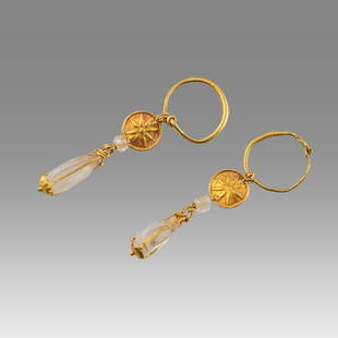 Ancient Roman Gold Pair of Earrings with Crystal Beads c.1st century AD.: Ancient Roman Gold Pair of Earrings with Crystal Beads c.1st century AD. Size 2 inches length. weight 4.3 grams. High karat pair of gold earrings with crystal beads. Provenance: Private NYC