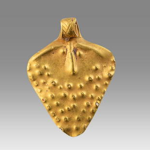 Ancient Hellenistic Gold Pendant with Bearded man c.2nd century BC.: Ancient Hellenistic Gold Pendant with Bearded man c.2nd century BC. Size 24 mm. weight 1.3 grams. Thin sheet of gold pendant depicting bearded man with suspension loop. wearable. Provenance: Private