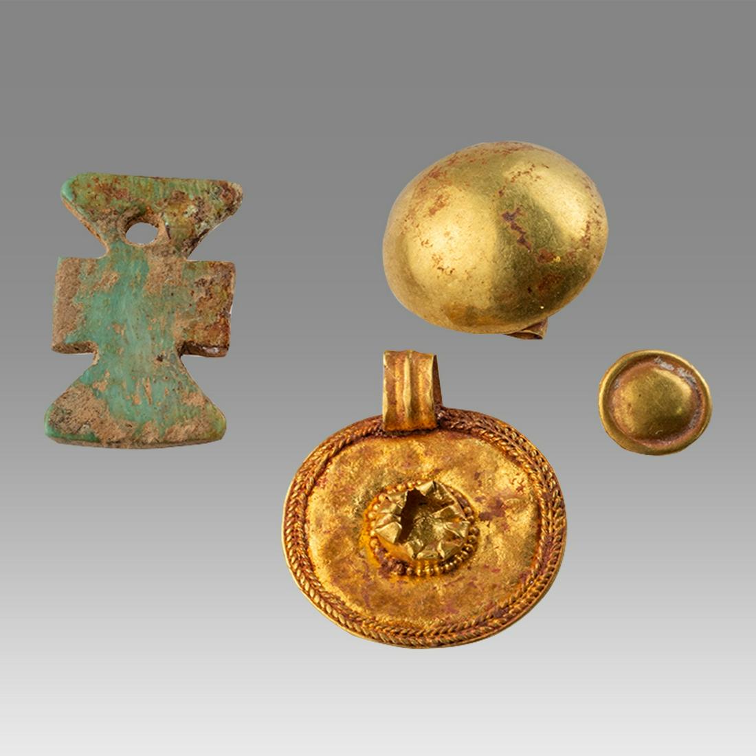 Lot of 4 Ancient Roman, Byzantine Gold Ornaments c.1st-8th century AD.: Lot of 4 Ancient Roman, Byzantine Gold Ornaments c.1st-8th century AD. Size 6-17 mm. weight 1.77 grams. Fine lot of gold ornaments, probably part of necklace? Provenance: Private Florida Collection ac