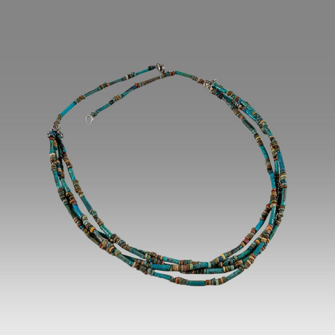 Ancient Egyptian Faience Bead Necklace c.300-50 BC.: Ancient Egyptian Faience Bead Necklace c.300-50 BC. Size 19 inches length. Great Looking four strands Faience Bead necklace late period 300-50 BC. wearable. Provenance: Ex Swiss collection 1960's