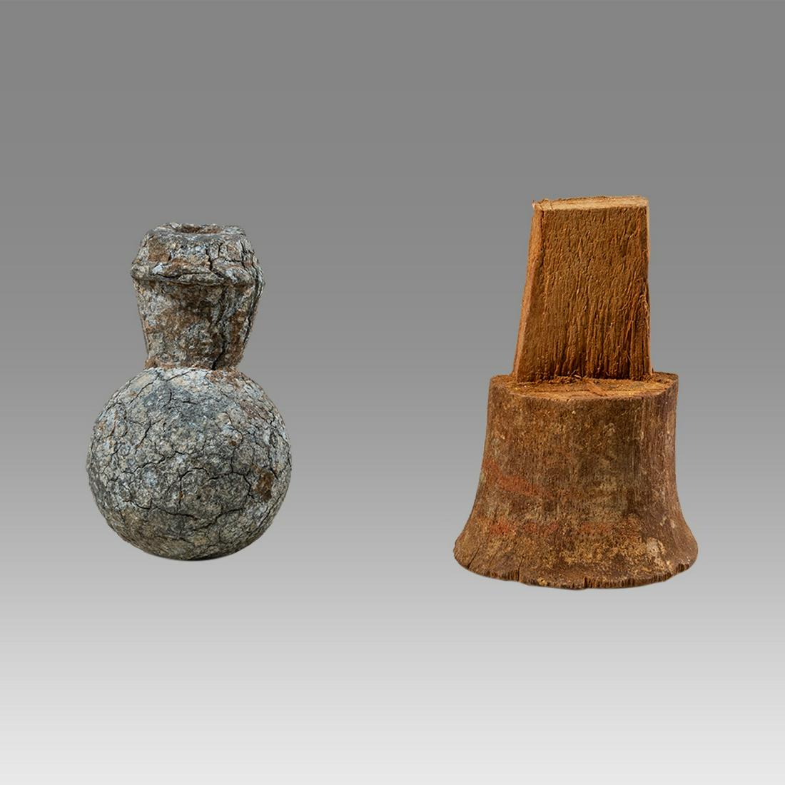 Lot of 2 Ancient Egyptian Bronze Miniature vessel, wood fragment c.1st century AD. (1 of 2)