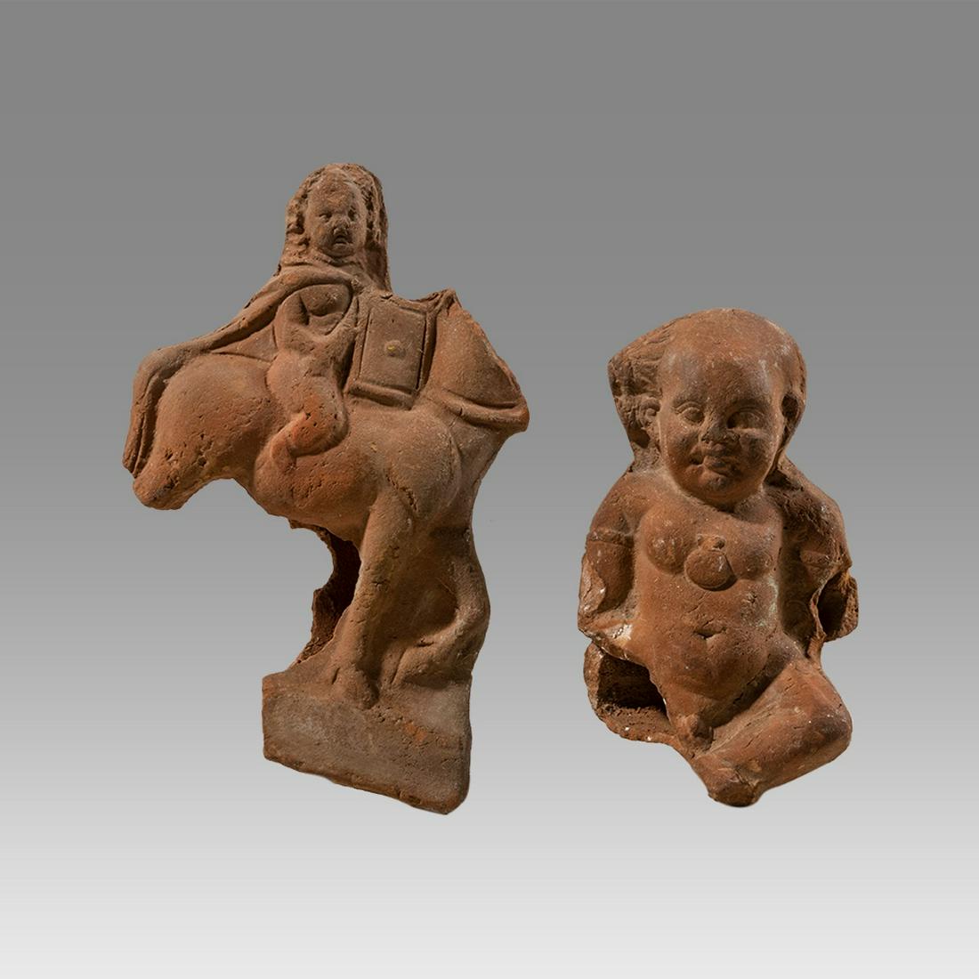 Lot of 2 Ancient Roman Egypt Alexandria Terracotta figures c.2nd century AD.: Lot of 2 Ancient Roman Egypt Alexandria Terracotta figures c.2nd century AD. Size of the figure 4 1/4 - 5 7/8 inches high. fine lot of 2 ancient Roman Egypt hollow terracotta figures Harpokrates on Ho