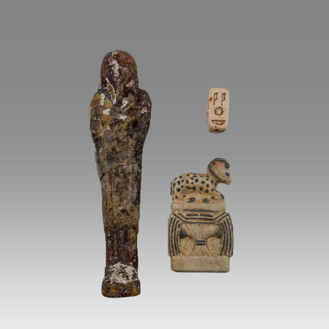 Lot of 3 Egyptian Style Ushabti, Faience Ring and Amulet. (1 of 2)