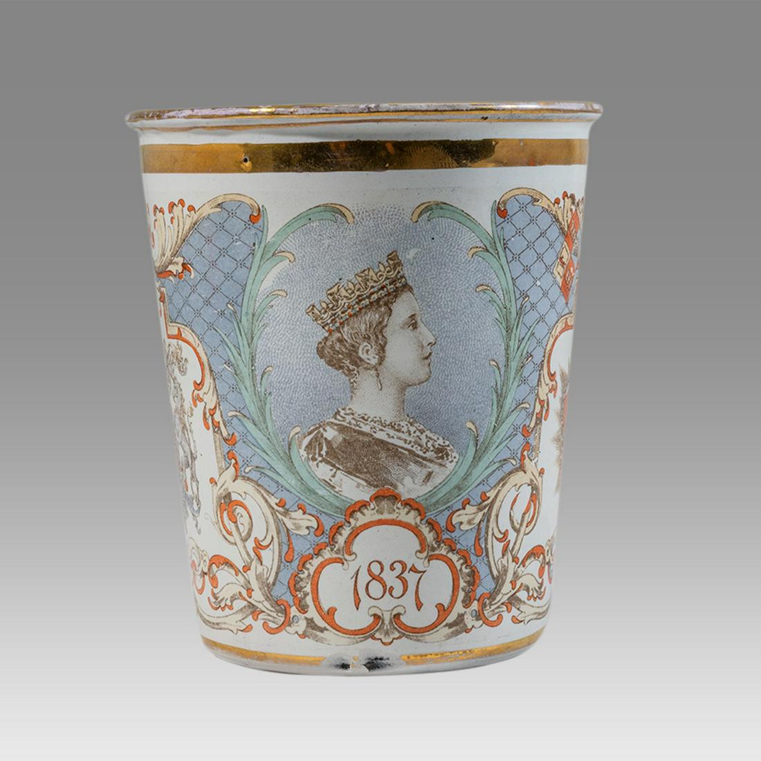 Antique English Enamel on metal cup dated 1837.: Antique English Enamel on metal cup dated 1837. Size 3 3/4 inches high, 3 3/8 inches diameter. Fine enamel on metal probably copper? with bust of Queen, CrowN. DATED 1837.