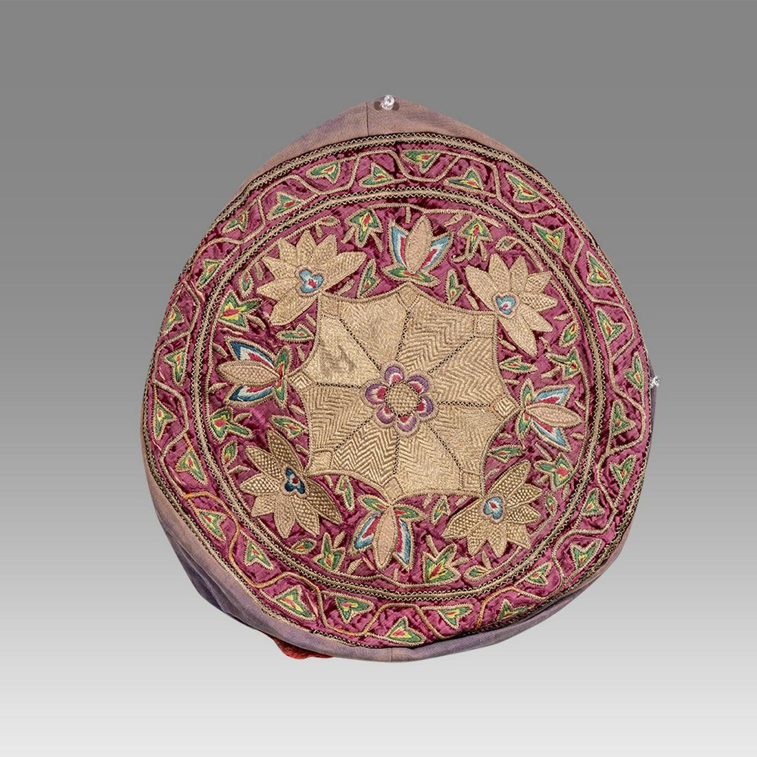 Persian Qajar Embroidered Pillow c.19th century.: Persian Qajar Embroidered Pillow c.19th century. Size 15 1/4 inches diameter. Unusual Qajar Embroidered Pillow with lovely floral design.