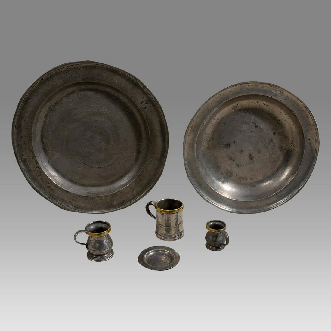 Lot of 6 19th century Victorian Pewter Plates and cups. (1 of 6)