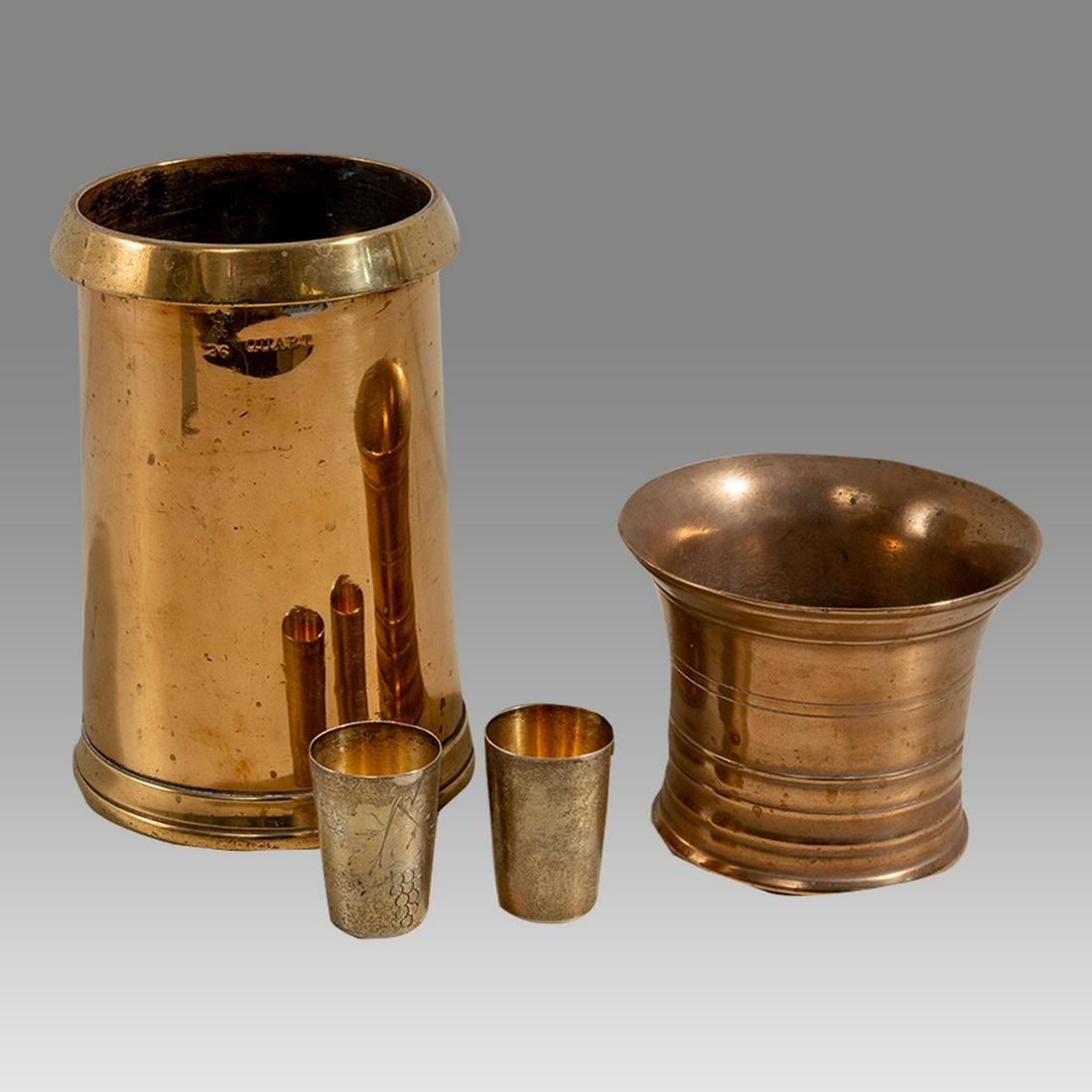 Vintage Brass Vessel. Mortar. and 2 Soviet Silver cups. Marked. (1 of 2)