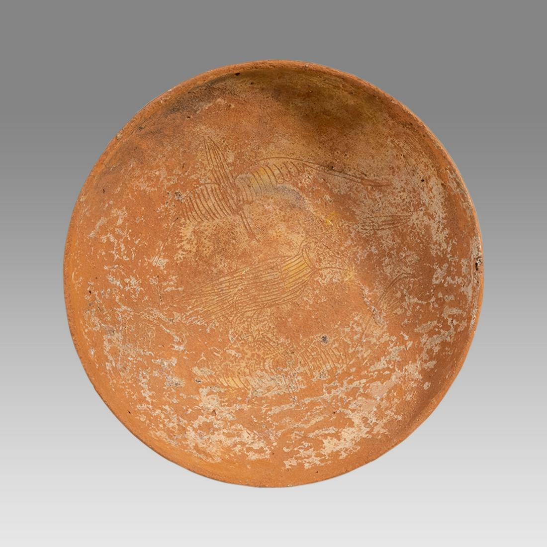 Ancient Byzantine Pottery Bowl with Birds c.8th century AD.: Ancient Byzantine Pottery Bowl with Birds c.8th century AD. Size 10 inches diameter, 3 1/2 inches high. A large pottery footed bowl decorated with etched design of birds. Ex Ex Private NYC Collection 