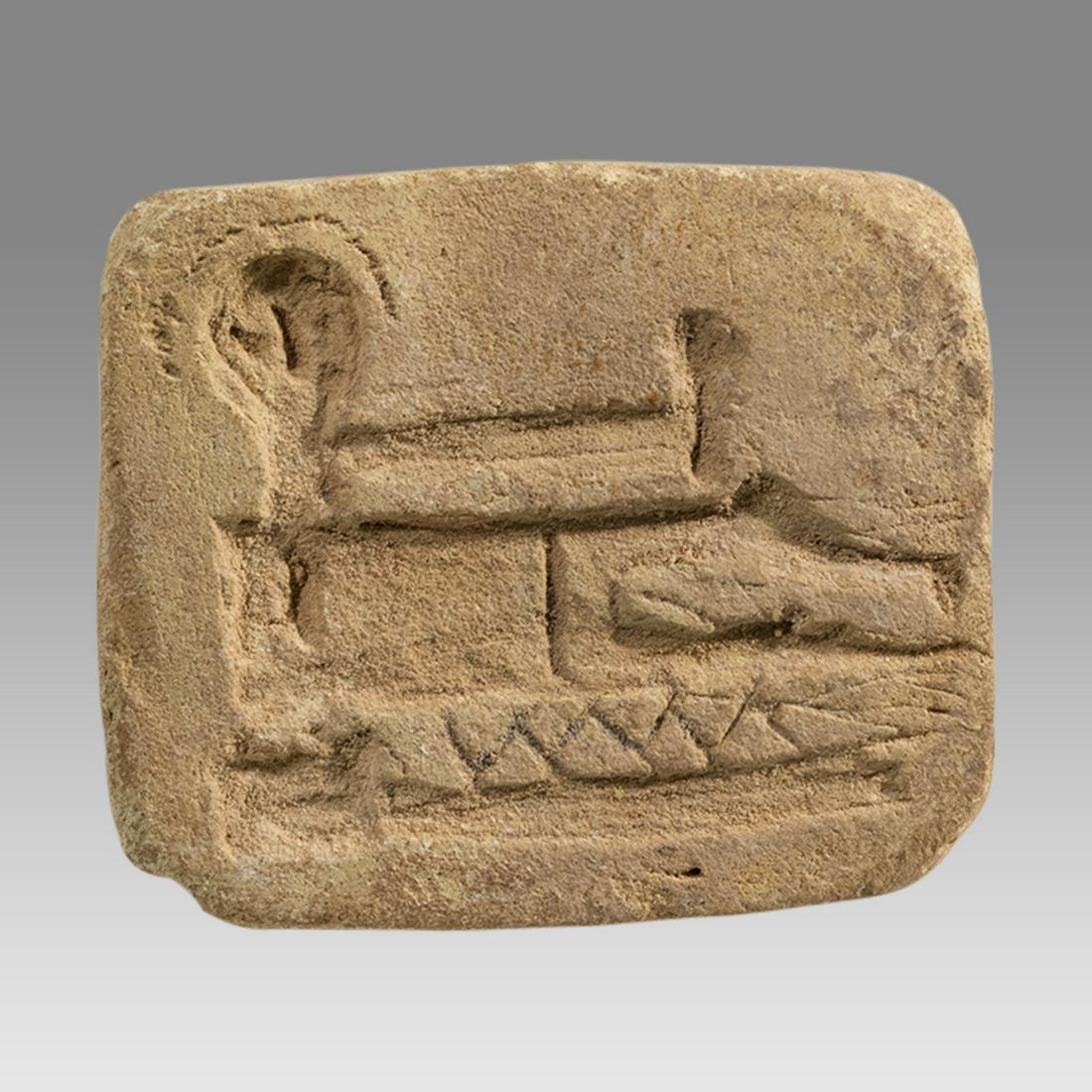 Ancient Holy Land Hellenistic Bread Seal 4th cent BC.: Ancient Holy Land Hellenistic Bread Seal 4th cent BC. Size 2 1/2 inch length x 2 1/4 inches. Ancient Hellenistic pottery bread seal with reclinging youth on bench, back with short handle with suspensi