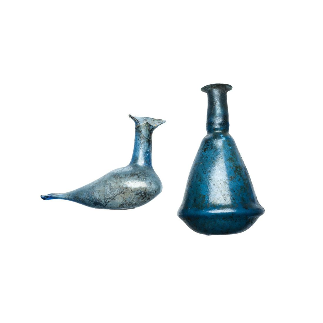 Lot of 2 Ancient Roman Blue Glass Bottles Ca. 2nd-3rd century A.D. (1 of 2)