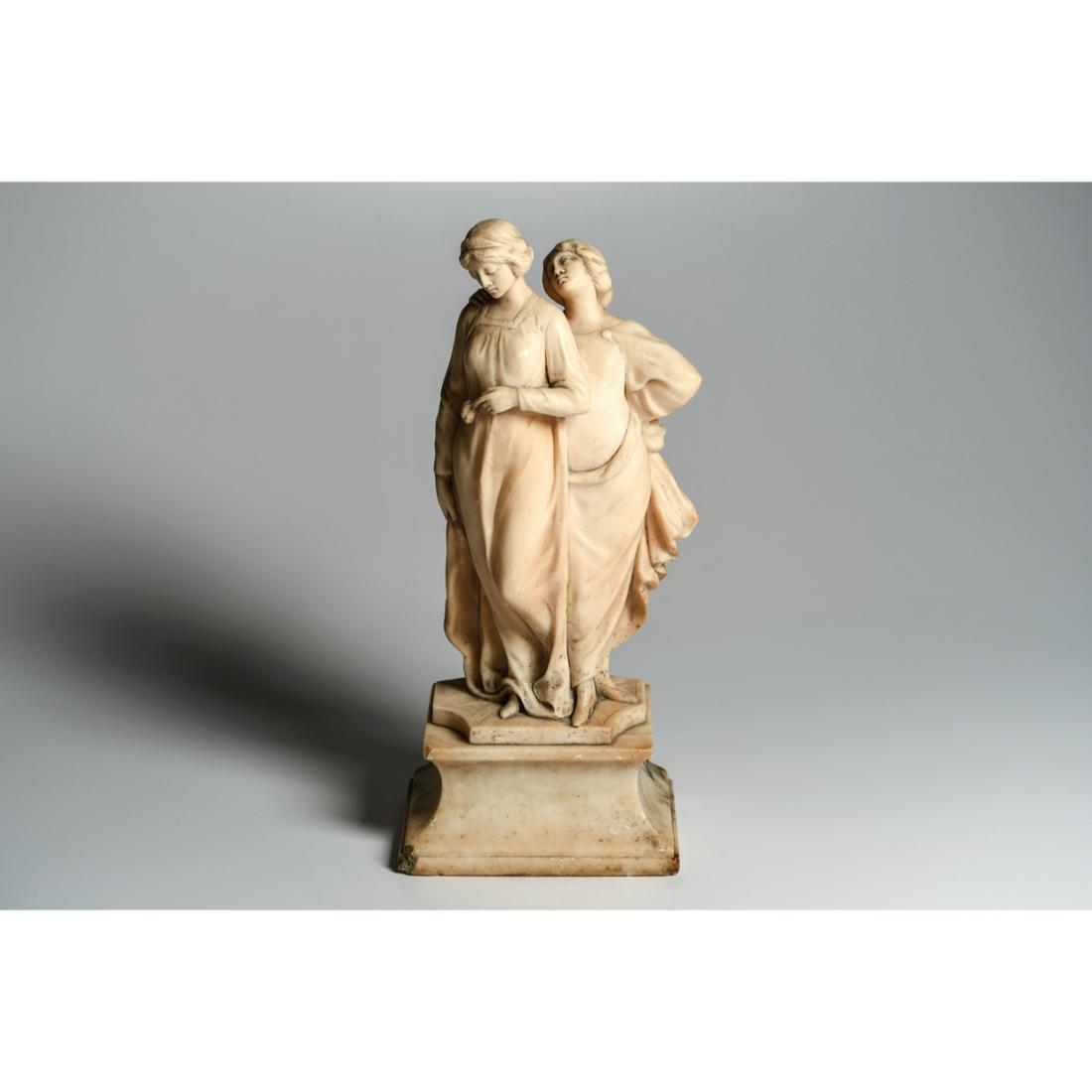 Renaissance Style Alabaster Group Sculpture Ca.19th century.: Renaissance Style Alabaster Group Sculpture Ca.19th century. Size 19 inches high, 8 1/4 inches wide. Sculpted white Alabaster grouping depicting two young women, one looking fondly at the back of the 