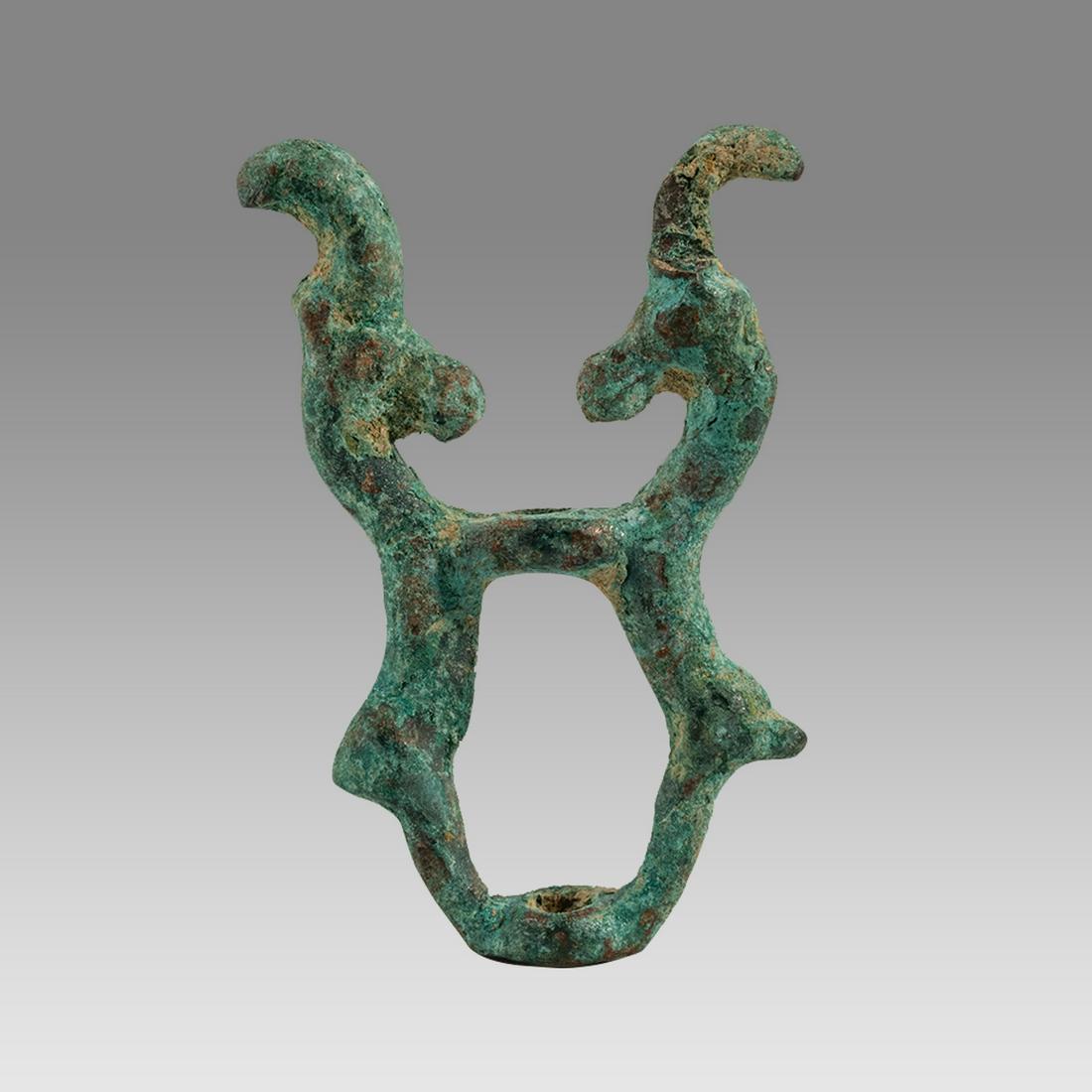 Ancient Luristan Bronze Finial c.1000 BC.: Ancient Luristan Bronze Finial c.1000 BC. Size 1 1/2 inch high. Small cast bronze finial with heads of Stag with nice incrustation patina. Ex Private NYC collection acquired 1970's