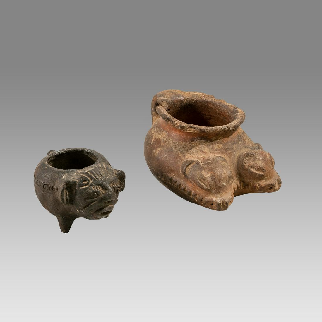 Ancient Pre Columbian Mayan Bowls, Ca. 600 to 900 AD.(2): Ancient Pre Columbian Mayan Bowls, Ca. 600 to 900 AD.(2) Size 5 1/2 - 3 3/4 inches wide x 2 1/2 - 3 5/8 inches high. A small size examples thick walled bowls with loop handle at shoulder, stylized ani