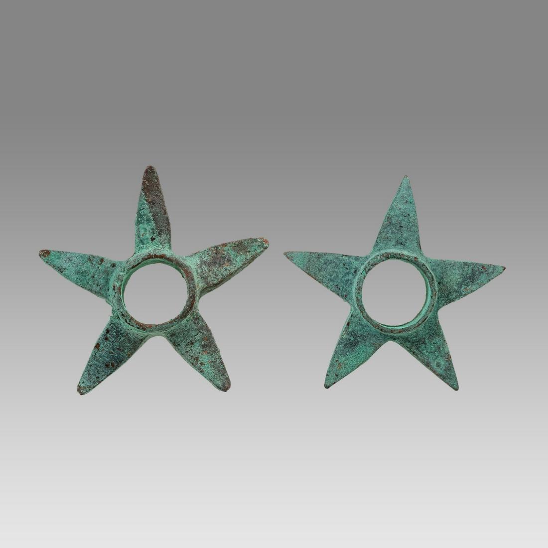 Two Inca Style Copper Mace Heads.: Two Inca Style Copper Mace Heads. Size 3 1/2 inches wide. Estate of David Sheridan, Branchburg, NJ., acquired 1950s to early 2000s, by descent to family.