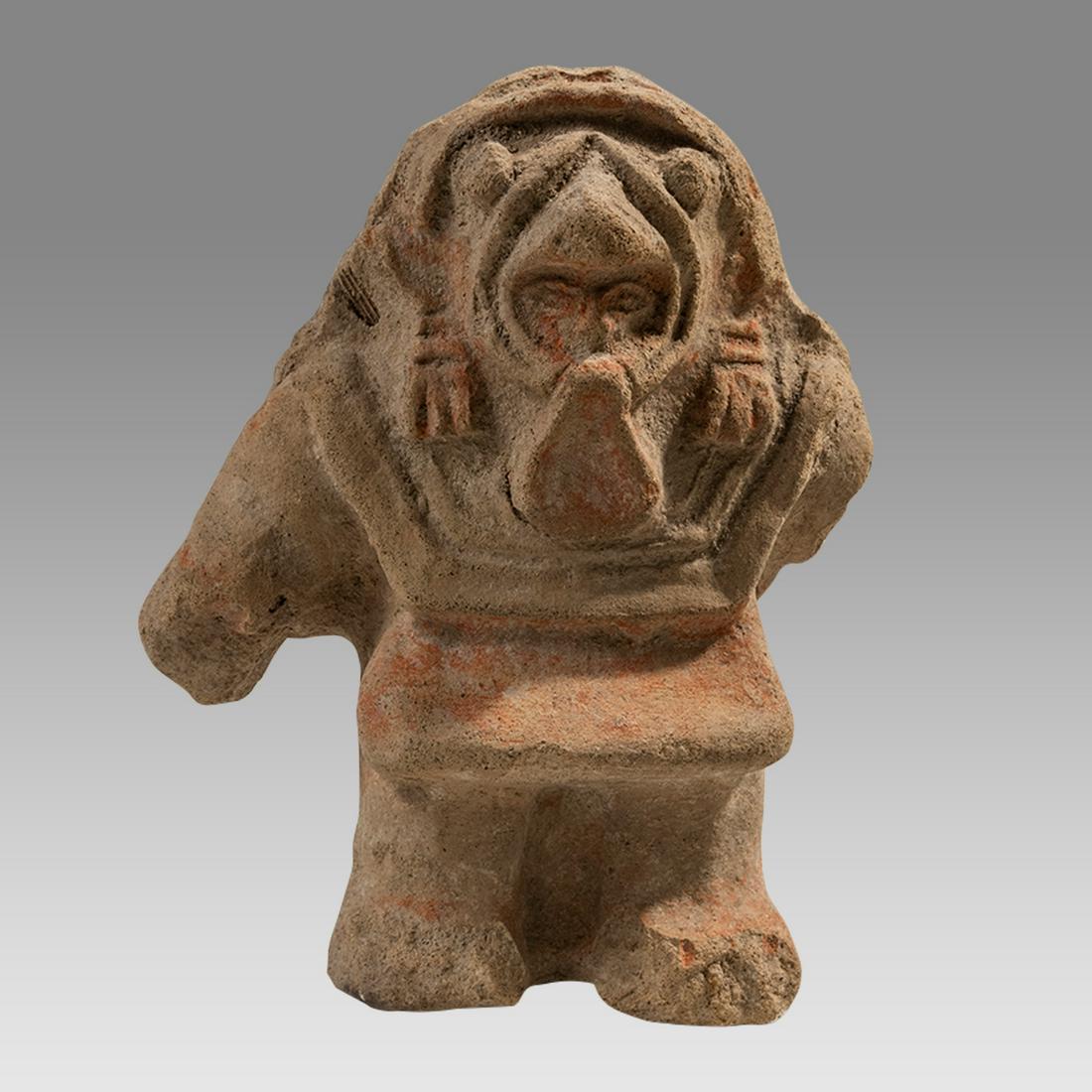 Pre Columbian Ecuadorian Figures Tumaco to Jamacoaque Ca 100 to 500 AD. (2): Pre Columbian Ecuadorian Figures Tumaco to Jamacoaque Ca 100 to 500 AD. (2) Size 2 7/8 - 4 inches high. A smaller press molded gray fabric clay impressed with a standing male figure with crisp details