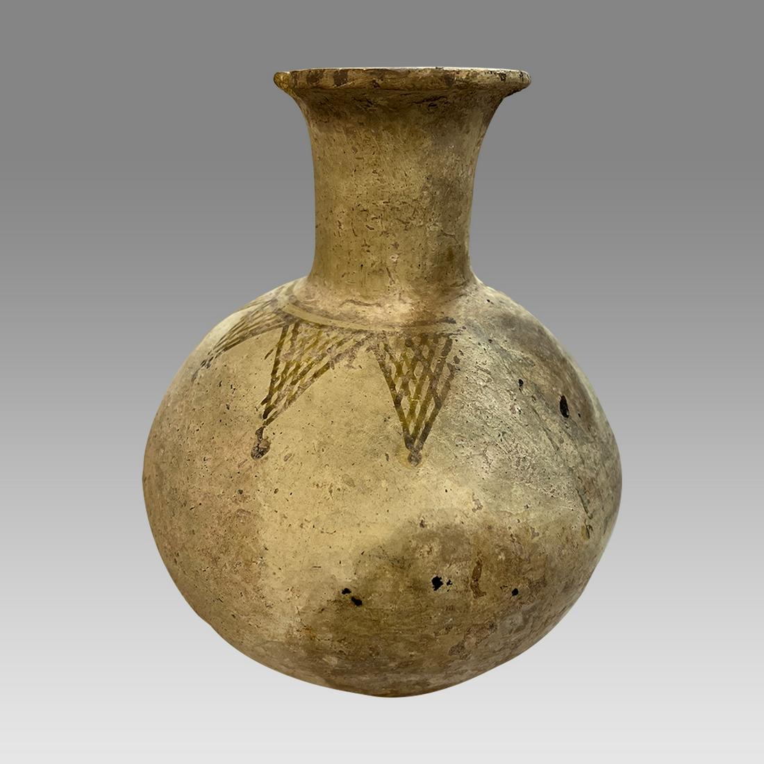 Ancient Near Eastern Luristan Pottery Jar c.2000 BC.: Ancient Near Eastern Luristan Pottery Jar c.2000 BC. Size 8 inches high, 6 inches diameter widest point. Fine Pottery Jar decorated with painted design at shoulders. Provenance: Ex Private NYC collect
