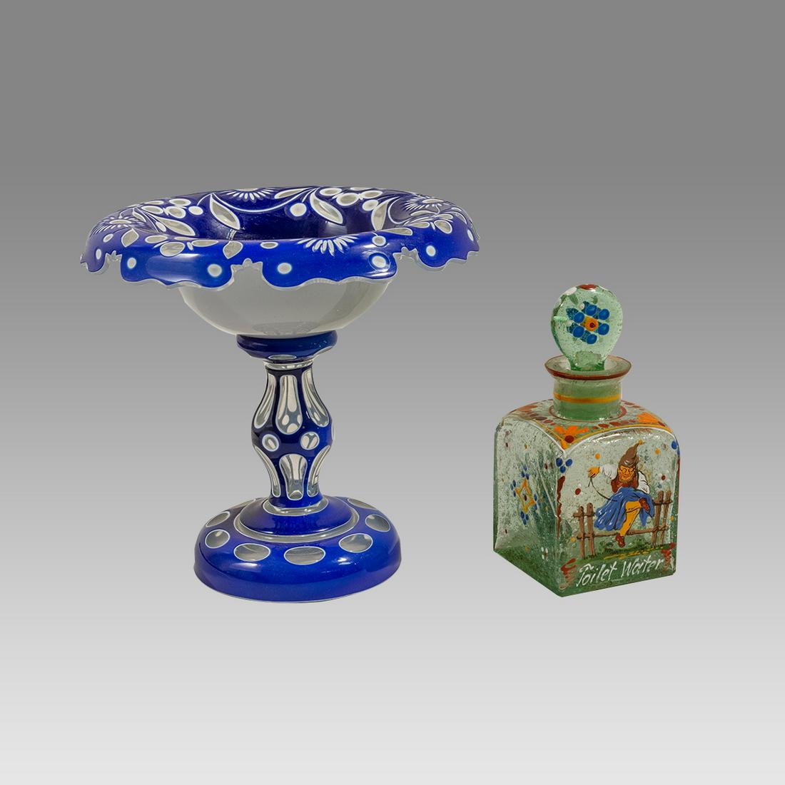 19th cent Bohemian Glass Bowl, Decanter made for the middle eastern market.(2).: 19th cent Bohemian Glass Bowl, Decanter made for the middle eastern market.(2). Size 5 1/4 - 6 1/2 inches high. A three layers blue white and clear glass footed bowl, together with decanter with fine 