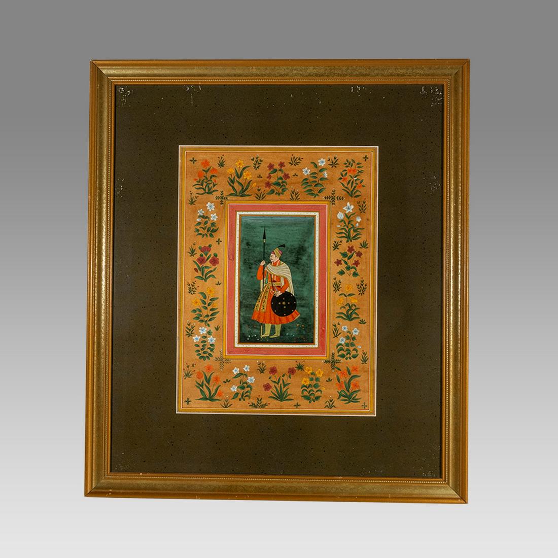 India, Mughal Style Miniature Painting.: India, Mughal Style Miniature Painting. Size of page 16 1/4 x 12 inches. Frame size 26 1/2 x 22 5/8 inches. Fine Miniature painting with Mughal Shah standing facing left holding Shield in his left han