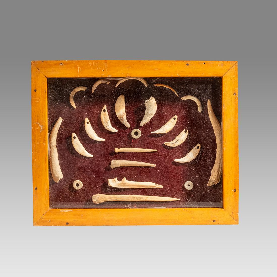 A collection of 20 Indian Bone Amulets in a Frame.: A collection of 20 Indian Bone Amulets in a Frame. Size of frame 11 5/8 x 9 3/8 inches. Fine antique American Indian carved bone Amulets. Ex Private Los angeles CA collection.
