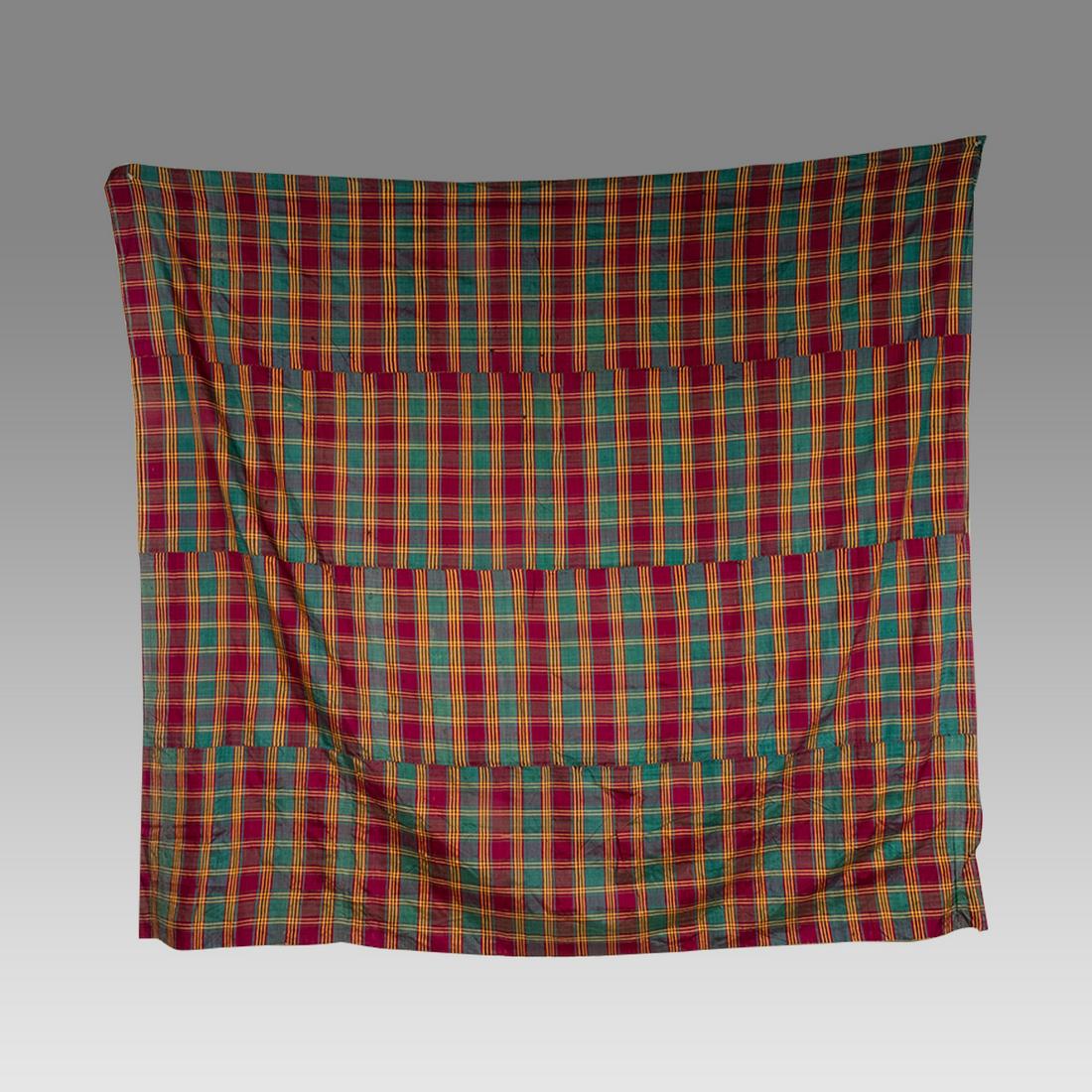 Persian Silk textile. Size 74 1/4 x 67 1/4 inches.: Persian Silk textile. Size 74 1/4 x 67 1/4 inches. Fine large silk textile in green, red and yellow collor decorated with geometric design. Ex Los Angeles CA Collection.