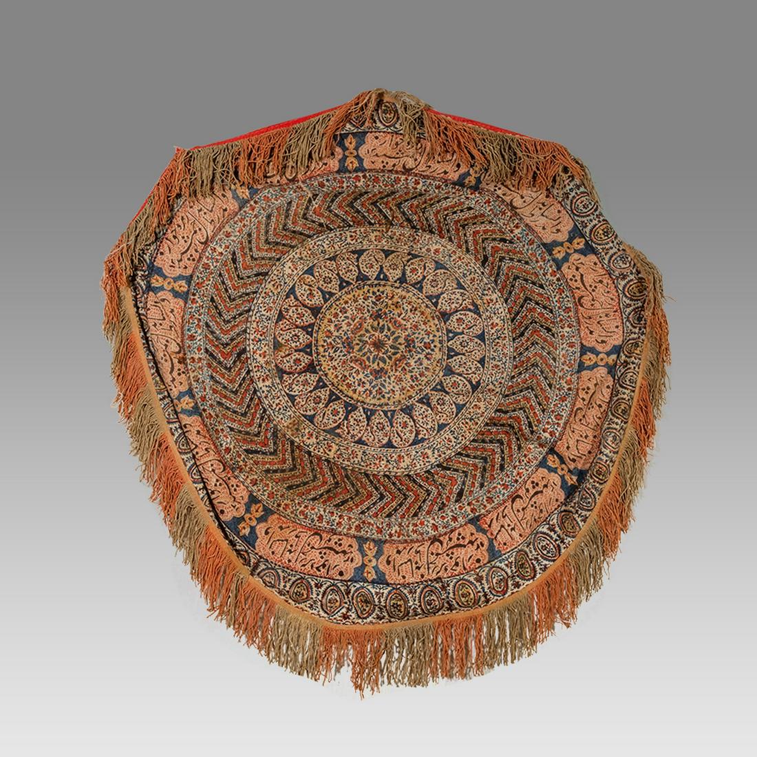 Persian Round Table cloth with Persian Calligraphy.: Persian Round Table cloth with Persian Calligraphy. Size 38 inches diameter. Fine Antique Persian round table cloth decorated with floral design and Persian calligraphy. Ex Los Angeles CA Collection