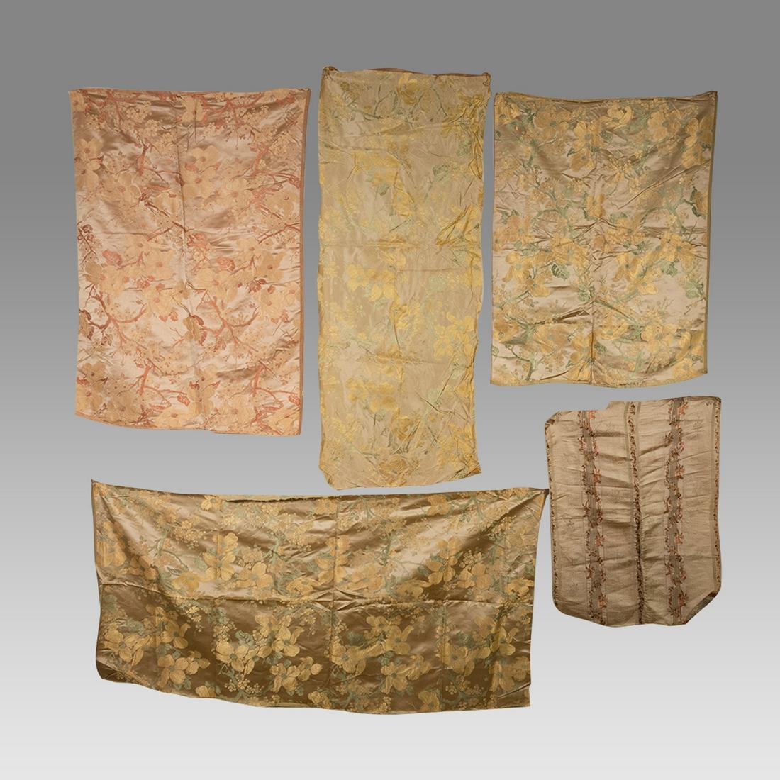 Lot of 5 European Silk Textiles.: Lot of 5 European Silk Textiles. Size 51 - 25 1/2 inches length. Fine silver thread embroidered Silktextile with floral design. Ex Los Angeles CA Collection