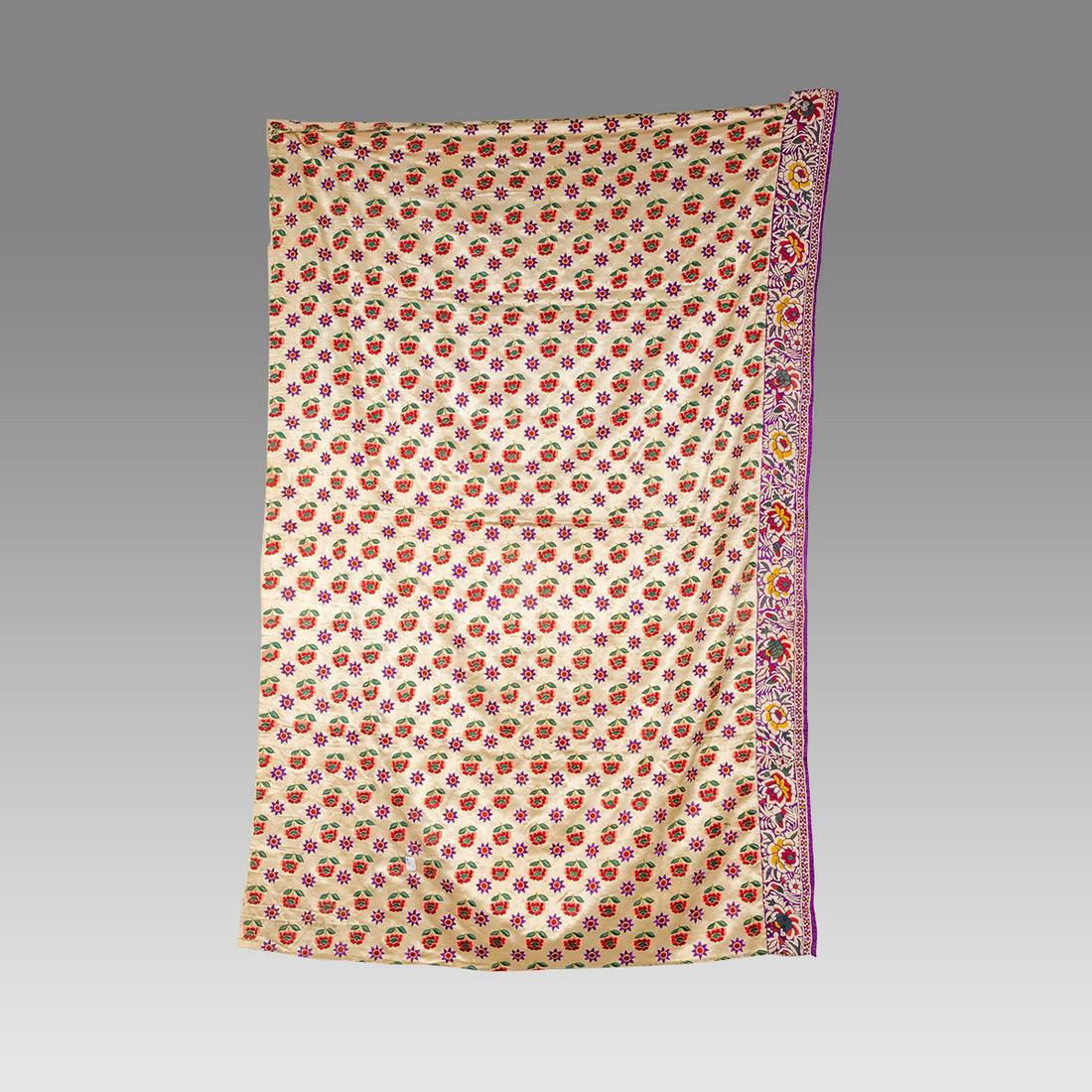 Indian Two sided Embroidered Silk Textile.: Indian Two sided Embroidered Silk Textile. Size 46 1/2 x 29 1/2 inches. Fine Indian textile with floral design. Ex Los Angeles CA Collection