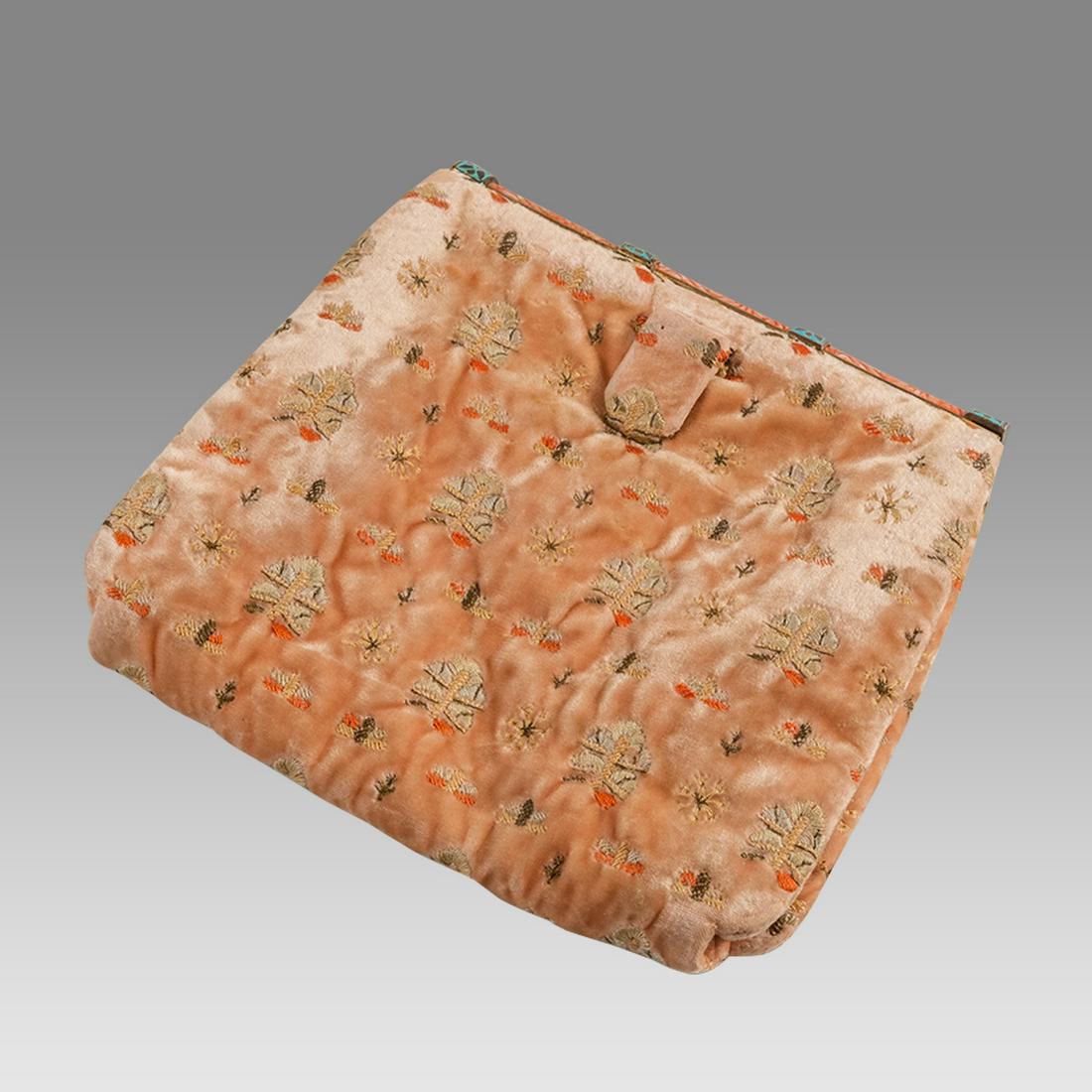 Ladies Purse, Made with European Velvet Textile.: Ladies Purse, Made with European Velvet Textile. Size 6 1/4 inches x 6 inches. European Velvet textile fragment decorated with floral design made into Fancy Ladies Purse with enameled clasp. Ex Los An