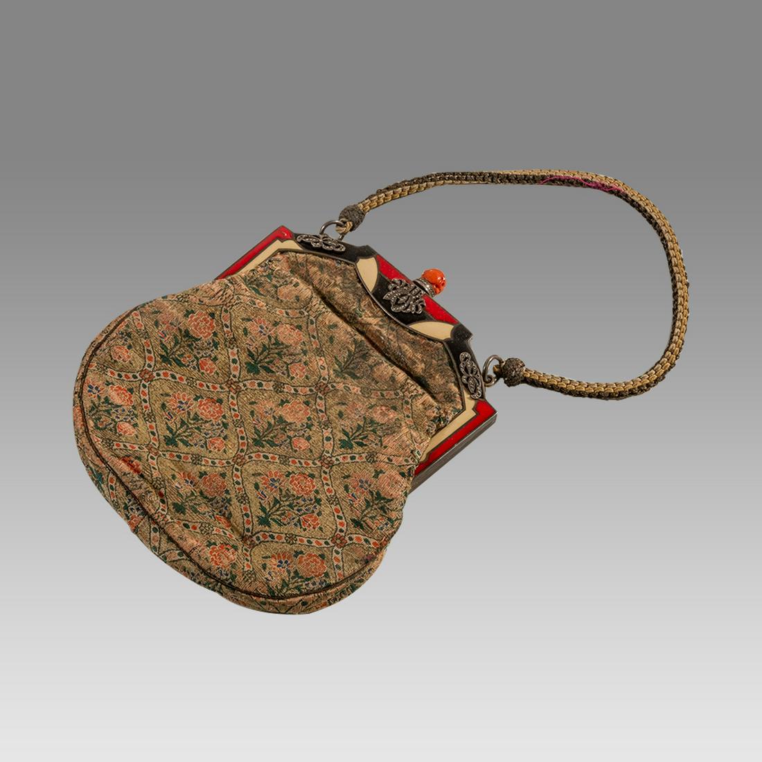 Ladies Purse, Made with 18th cent Persian Silk Textile.: Ladies Purse, Made with 18th cent Persian Silk Textile. Size 6 x 5 3/4 inches. Antique Persian silk textile fragment decorated with floral design made into Fancy Ladies Purse. Ex Los Angeles CA Collec