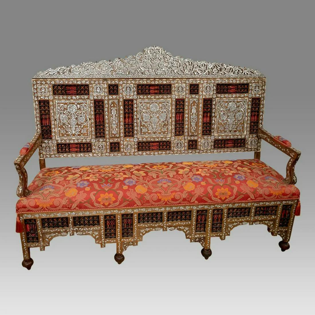 19th century Syrian Mother of Pearl Couch settee.: 19th century Syrian Mother of Pearl Couch settee. Size: 67 inches leangth, Large Antique mother of pearls on wood Couch with original Silk upholstery.